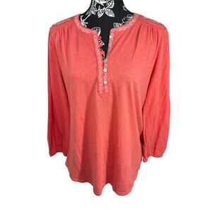 Lucky Brand Women's M Coral Embroidered Henley Top Long Sleeve Peasant Boho